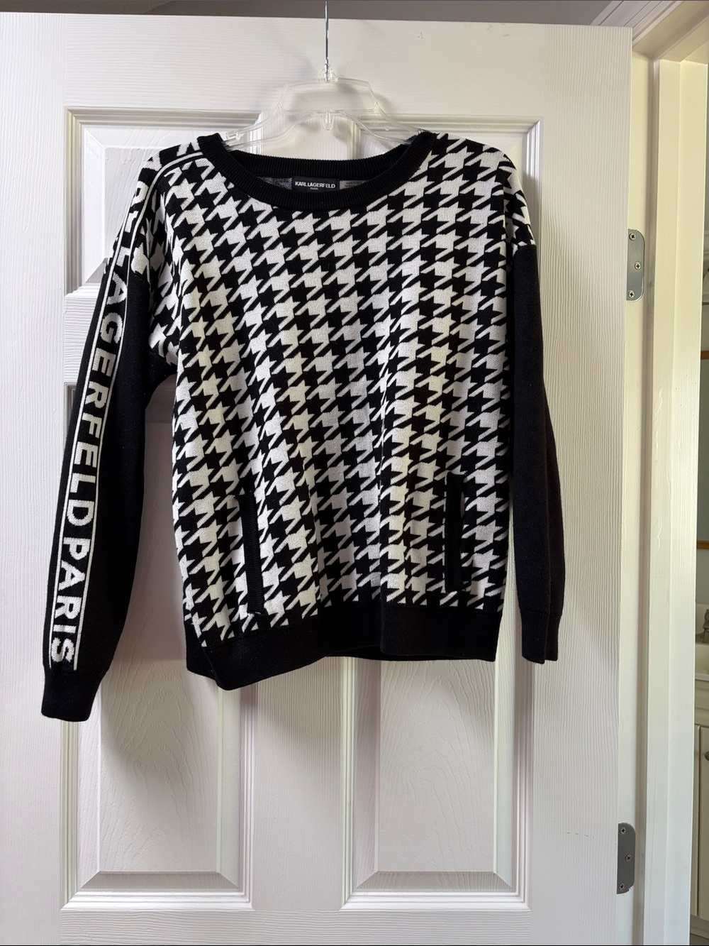 Karl Lagerfeld Black & White Houndstooth Crew Sweater with Branded Sleeve